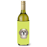 Checkerboard Lime Green Gray Silver Shih Tzu Wine Bottle Beverage Insulator Hugger
