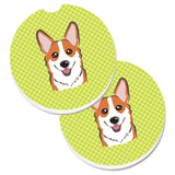 Caroline'S Treasures Checkerboard Lime Green Corgi Set Of 2 Cup Holder Car Coasters Bb1316Carc, 2.56, Multicolor