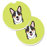 Caroline'S Treasures Checkerboard Lime Green Corgi Set Of 2 Cup Holder Car Coasters Bb1317Carc, 2.56, Multicolor