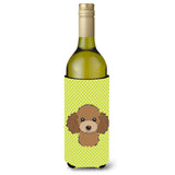 Checkerboard Lime Green Chocolate Brown Poodle Wine Bottle Beverage Insulator Hugger