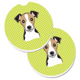 Caroline'S Treasures Checkerboard Lime Green Jack Russell Terrier Set Of 2 Cup Holder Car Coasters Bb1323Carc, 2.56, Multicolo