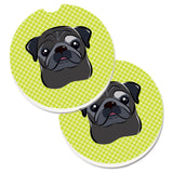 Caroline'S Treasures Checkerboard Lime Green Black Pug Set Of 2 Cup Holder Car Coasters Bb1325Carc, 2.56, Multicolor