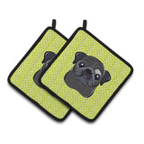 Caroline'S Treasures Checkerboard Lime Green Black Pug Pair Of Pot Holders Bb1325Pthd, 7.5Hx7.5W, Multicolor