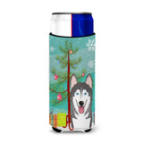 Caroline'S Treasures Christmas Tree And Alaskan Malamute Michelob Ultra Koozies For Slim Cans, Multicolor