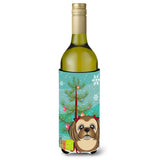 Caroline'S Treasures Christmas Tree And Chocolate Brown Shih Tzu Wine Bottle Koozie Hugger, 750 Ml, Multicolor