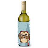 Caroline'S Treasures Winter Holiday Chocolate Brown Shih Tzu Wine Bottle Koozie Hugger, 750 Ml, Multicolor