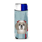 Caroline'S Treasures Winter Holiday Gray Silver Shih Tzu Michelob Ultra Koozies For Slim Cans, Multicolor