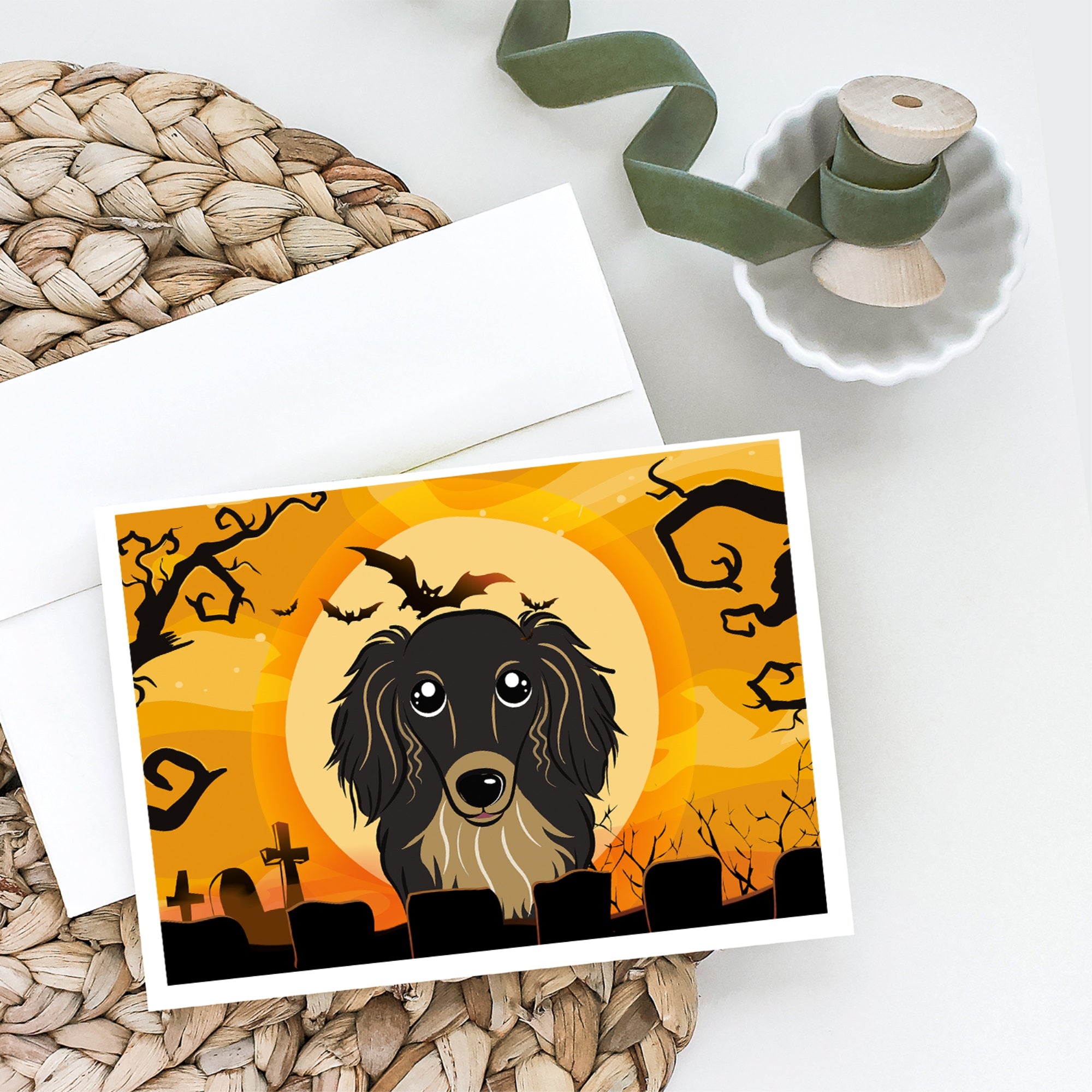 Halloween Longhair Black And Tan Dachshund Greeting Cards And Envelopes Pack Of 8