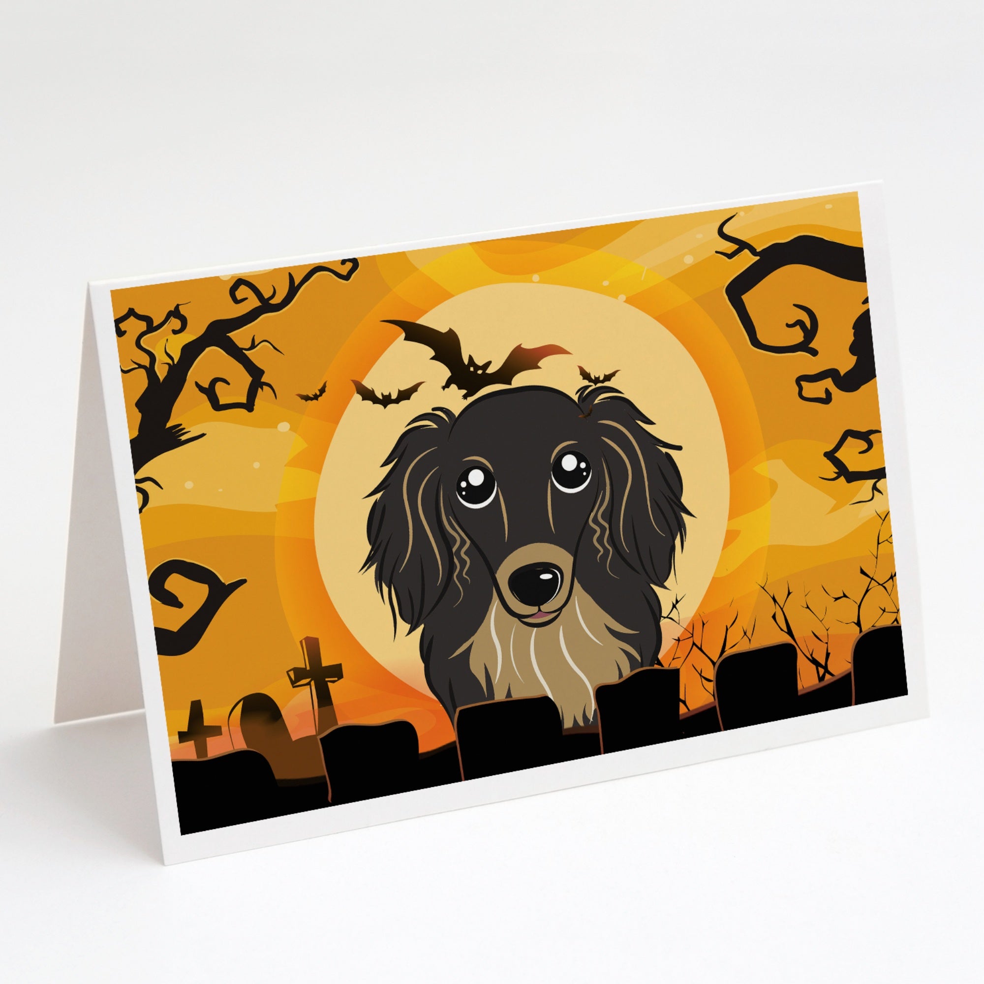 Halloween Longhair Black And Tan Dachshund Greeting Cards And Envelopes Pack Of 8