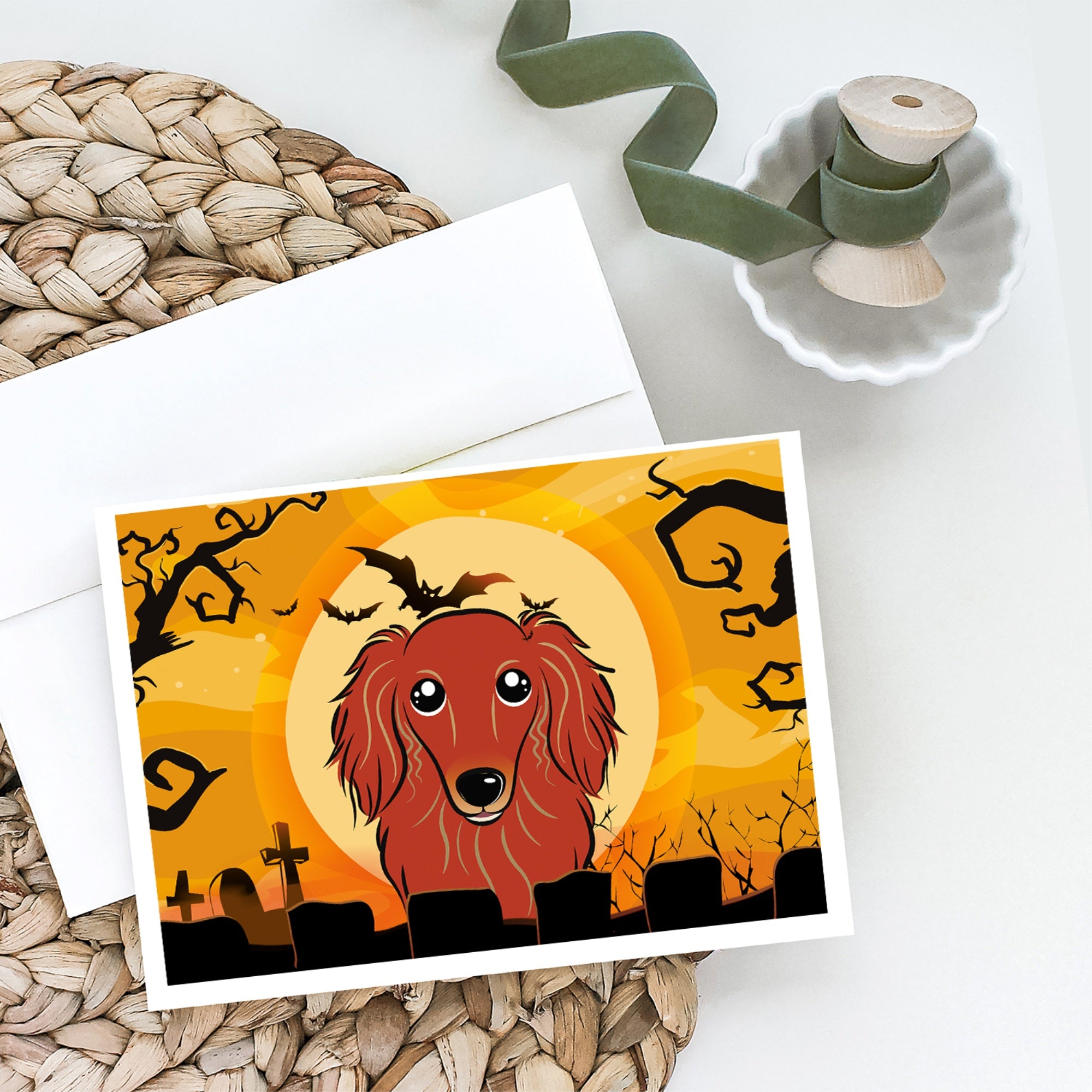 Halloween Longhair Red Dachshund Greeting Cards And Envelopes Pack Of 8