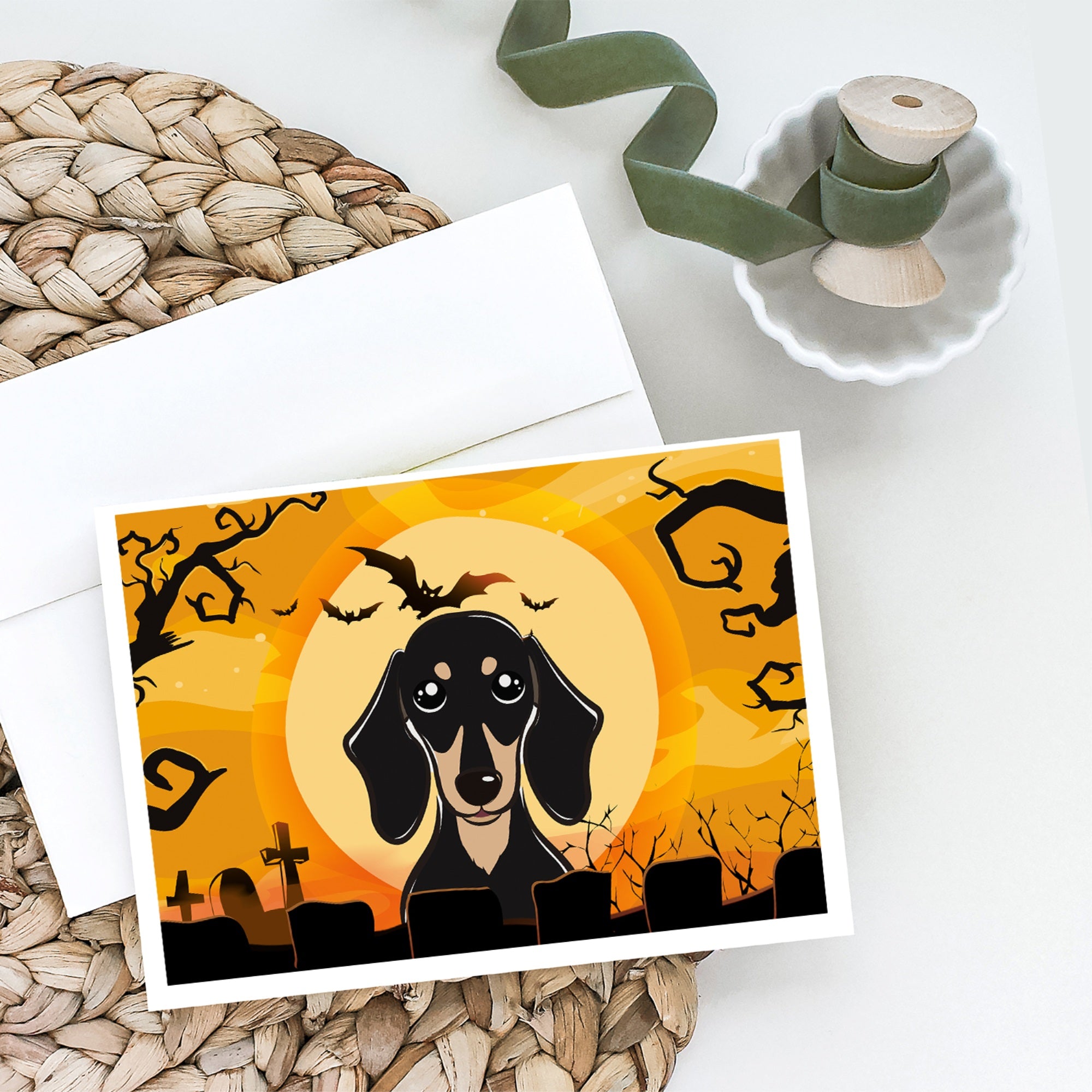Halloween Smooth Black And Tan Dachshund Greeting Cards And Envelopes Pack Of 8