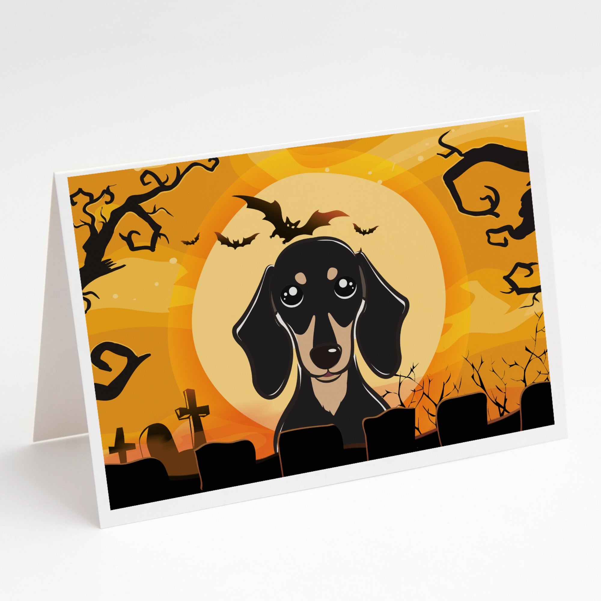 Halloween Smooth Black And Tan Dachshund Greeting Cards And Envelopes Pack Of 8