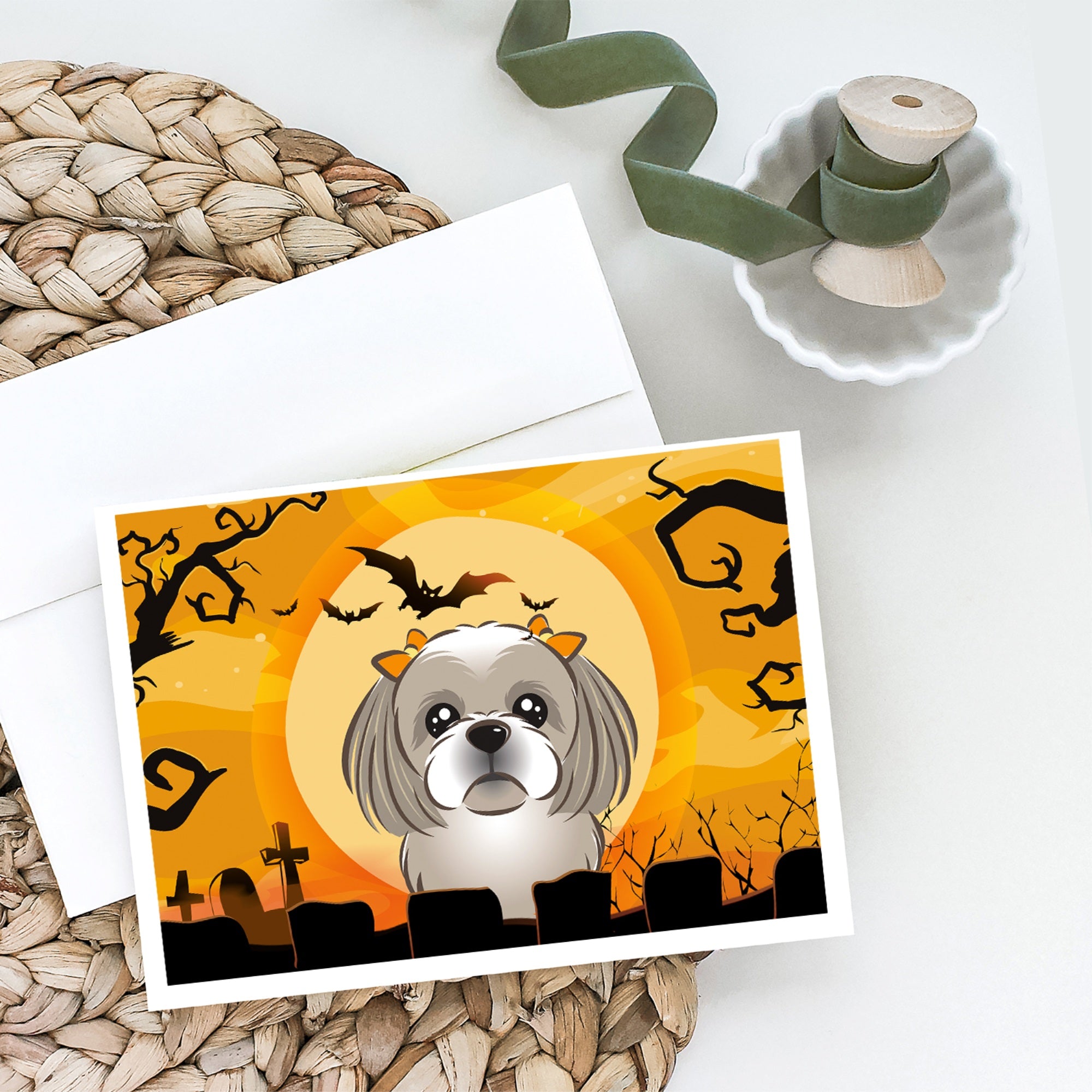 Halloween Gray Silver Shih Tzu Greeting Cards And Envelopes Pack Of 8