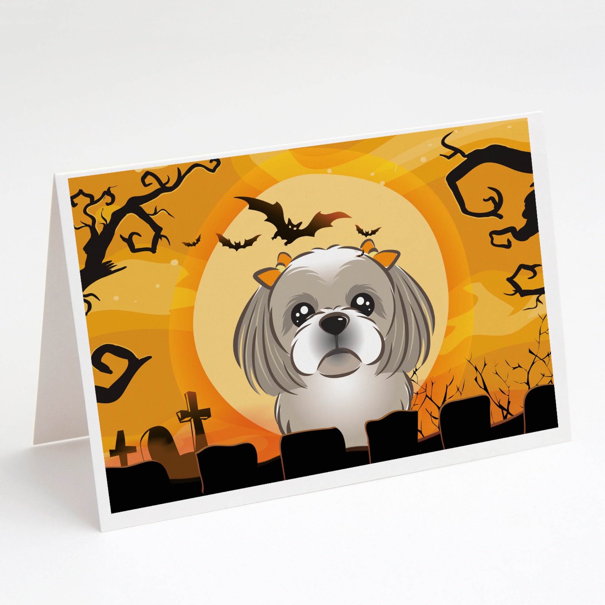 Halloween Gray Silver Shih Tzu Greeting Cards And Envelopes Pack Of 8