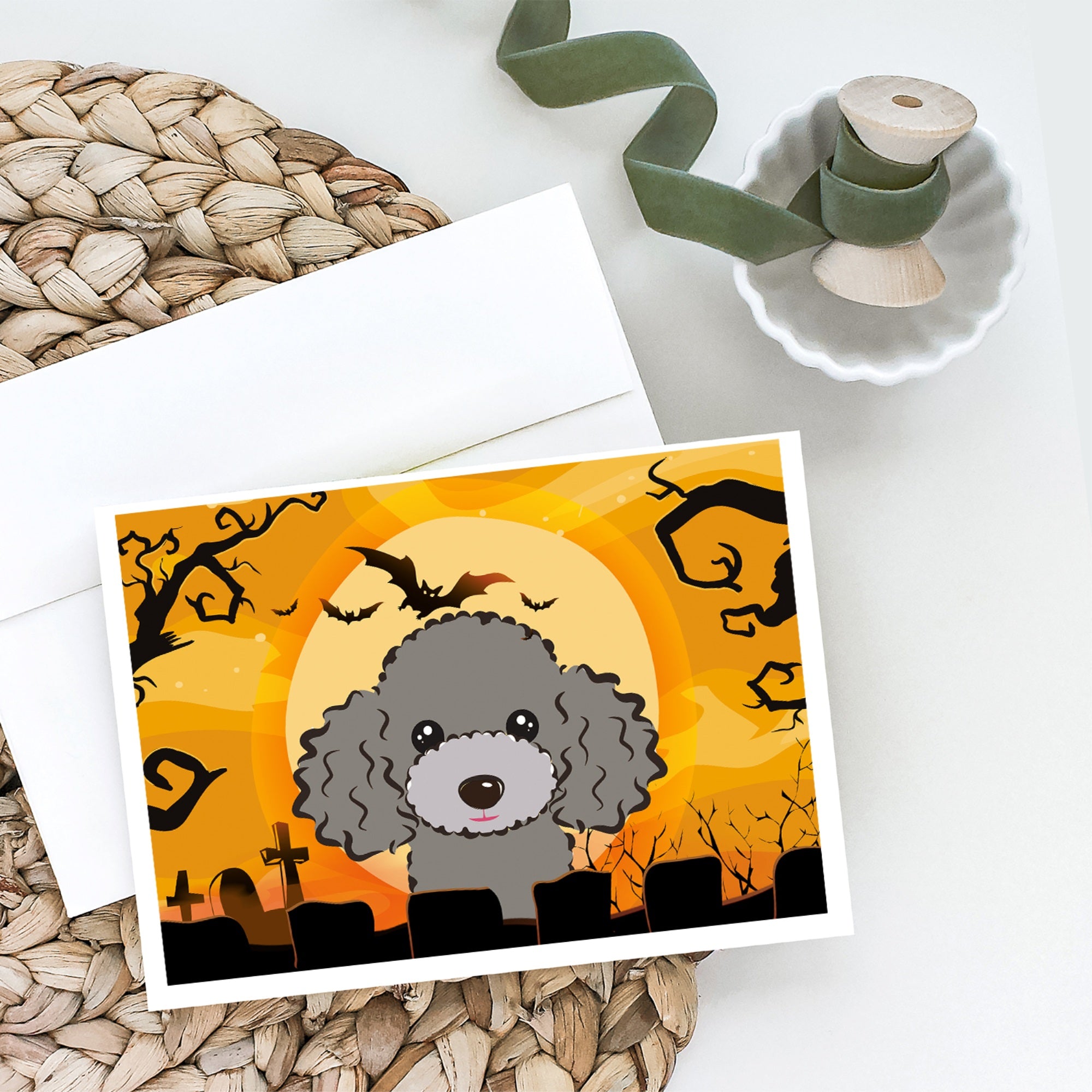 Halloween Silver Gray Poodle Greeting Cards And Envelopes Pack Of 8