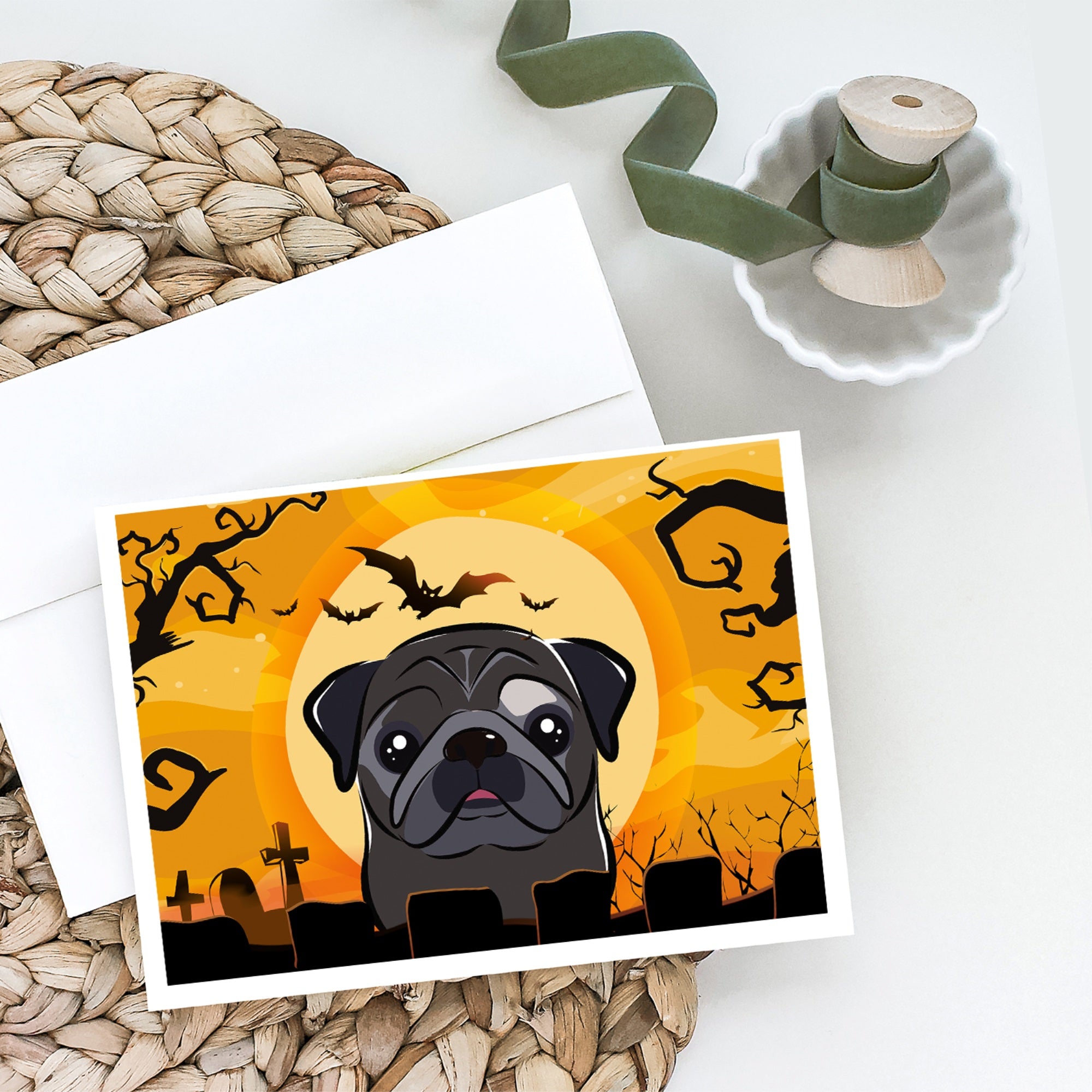 Halloween Black Pug Greeting Cards And Envelopes Pack Of 8
