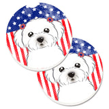Caroline'S Treasures American Flag & Maltese Set Of 2 Cup Holder Car Coasters Bb2138Carc, 2.56, Multicolor