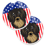 Caroline'S Treasures American Flag & Longhair Black & Tan Dachshund Set Of 2 Cup Holder Car Coasters Bb2143Carc, 2.56, Multico