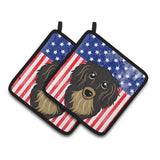 Caroline'S Treasures American Flag & Longhair Black & Tan Dachshund Pair Of Pot Holders Bb2143Pthd, 7.5Hx7.5W, Multicolor