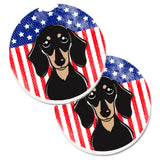 Caroline'S Treasures American Flag & Smooth Black & Tan Dachshund Set Of 2 Cup Holder Car Coasters Bb2145Carc, 2.56, Multicolo