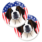 Caroline'S Treasures American Flag & Saint Bernard Set Of 2 Cup Holder Car Coasters Bb2176Carc, 2.56, Multicolor