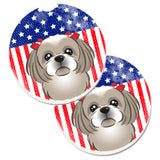 Caroline'S Treasures American Flag & Gray Silver Shih Tzu Set Of 2 Cup Holder Car Coasters Bb2180Carc, 2.56, Multicolor