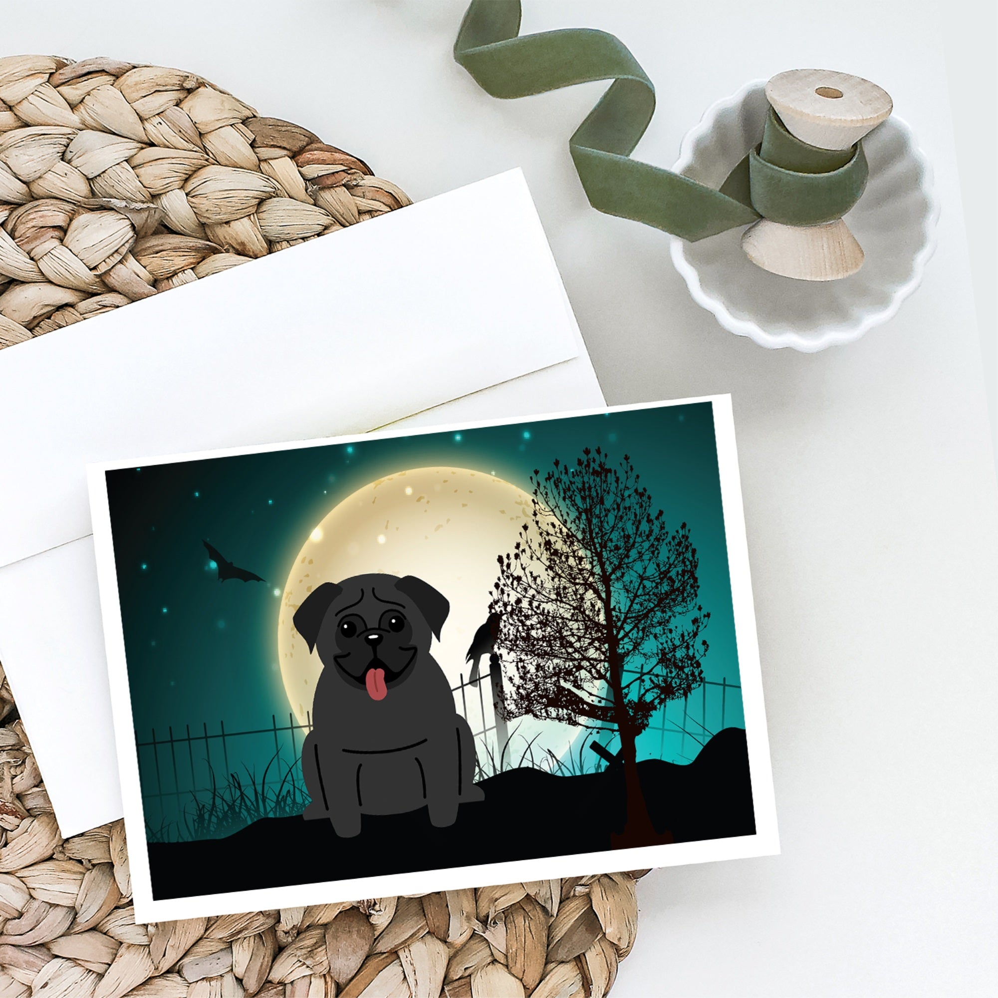 Halloween Scary Pug Black Greeting Cards And Envelopes Pack Of 8