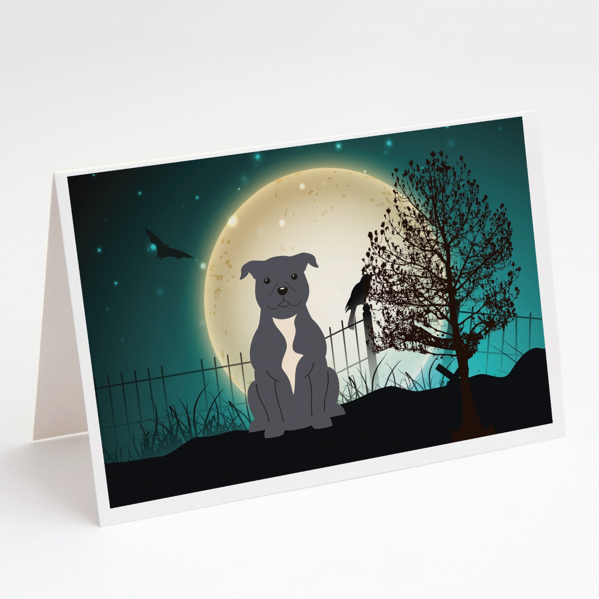 Halloween Scary Staffordshire Bull Terrier Blue Greeting Cards And Envelopes Pack Of 8