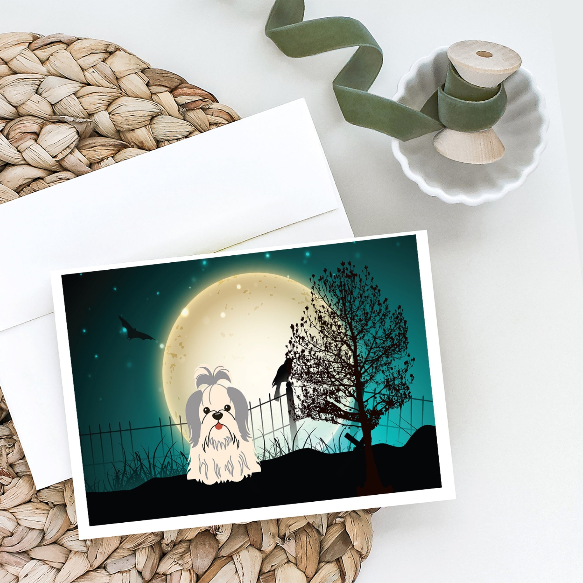 Halloween Scary Shih Tzu Silver White Greeting Cards And Envelopes Pack Of 8