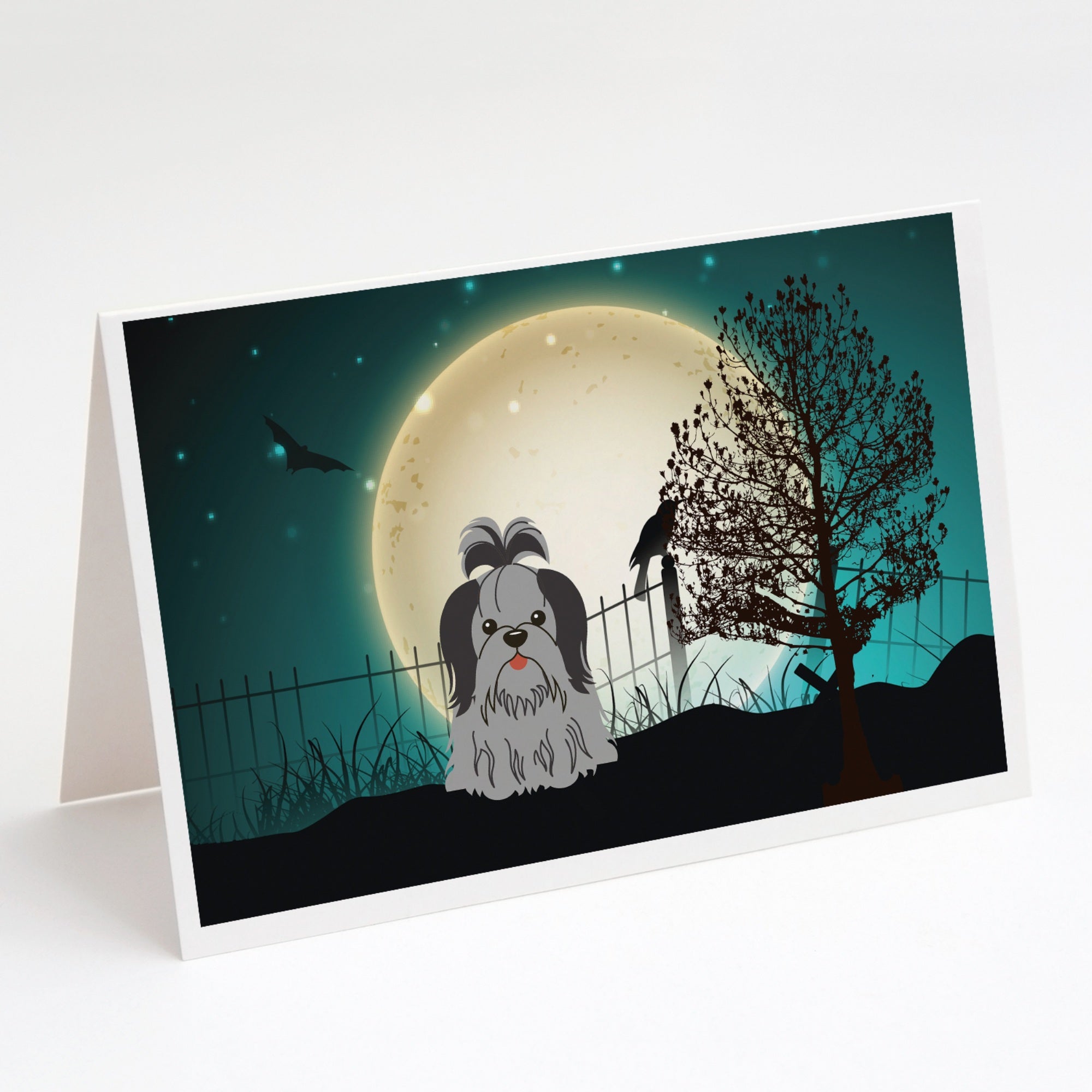 Halloween Scary Shih Tzu Black Silver Greeting Cards And Envelopes Pack Of 8