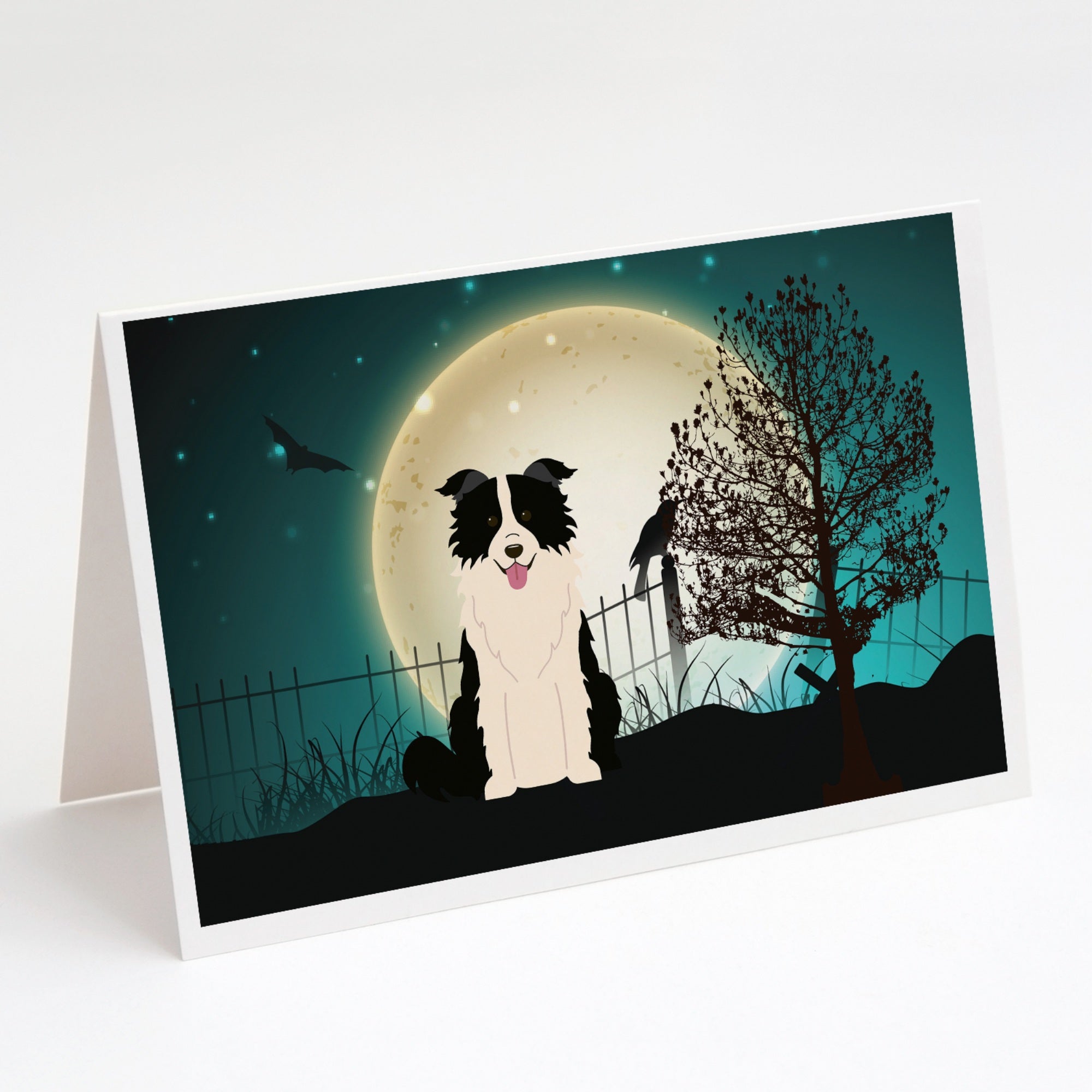 Halloween Scary Border Collie Black White Greeting Cards And Envelopes Pack Of 8