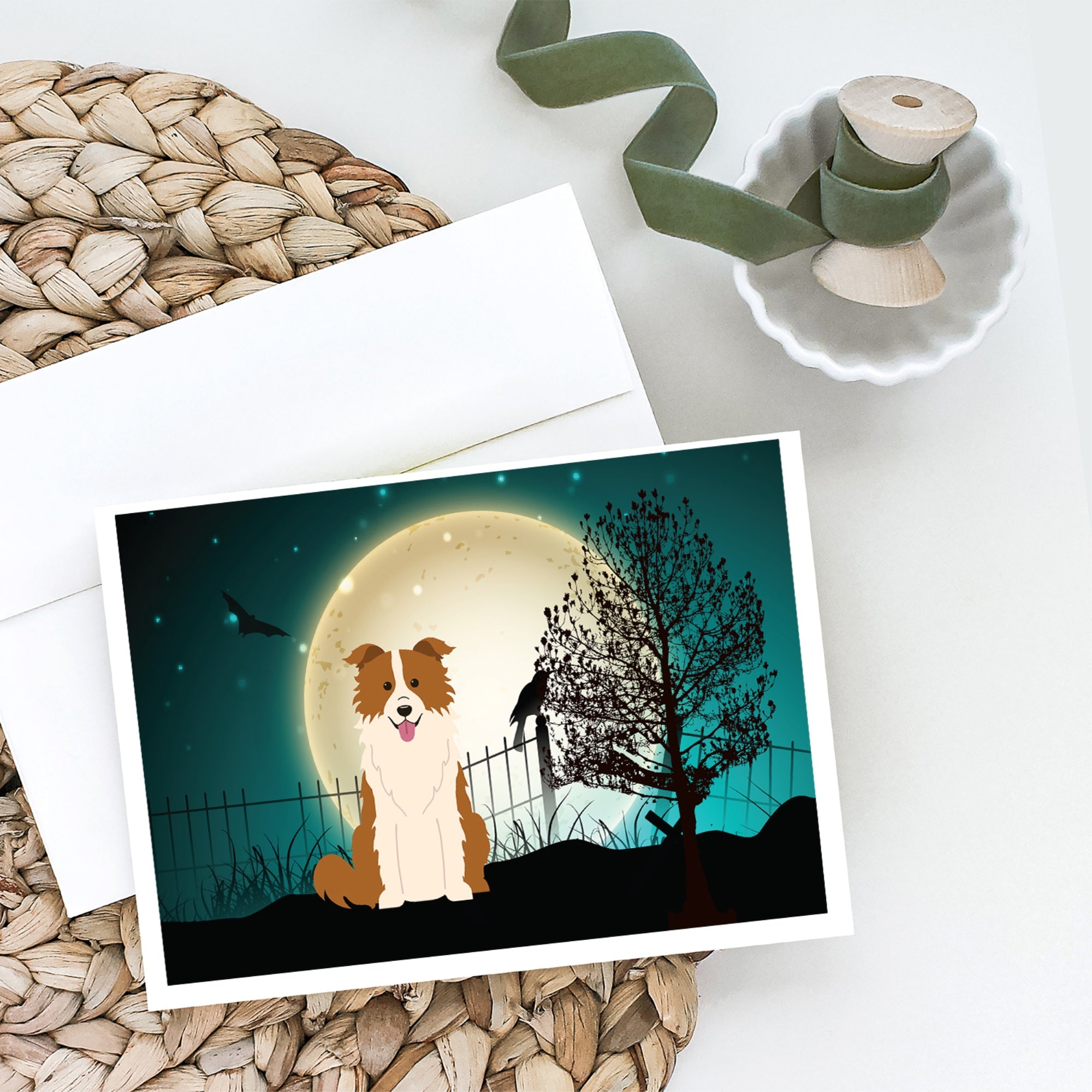 Halloween Scary Border Collie Red White Greeting Cards And Envelopes Pack Of 8