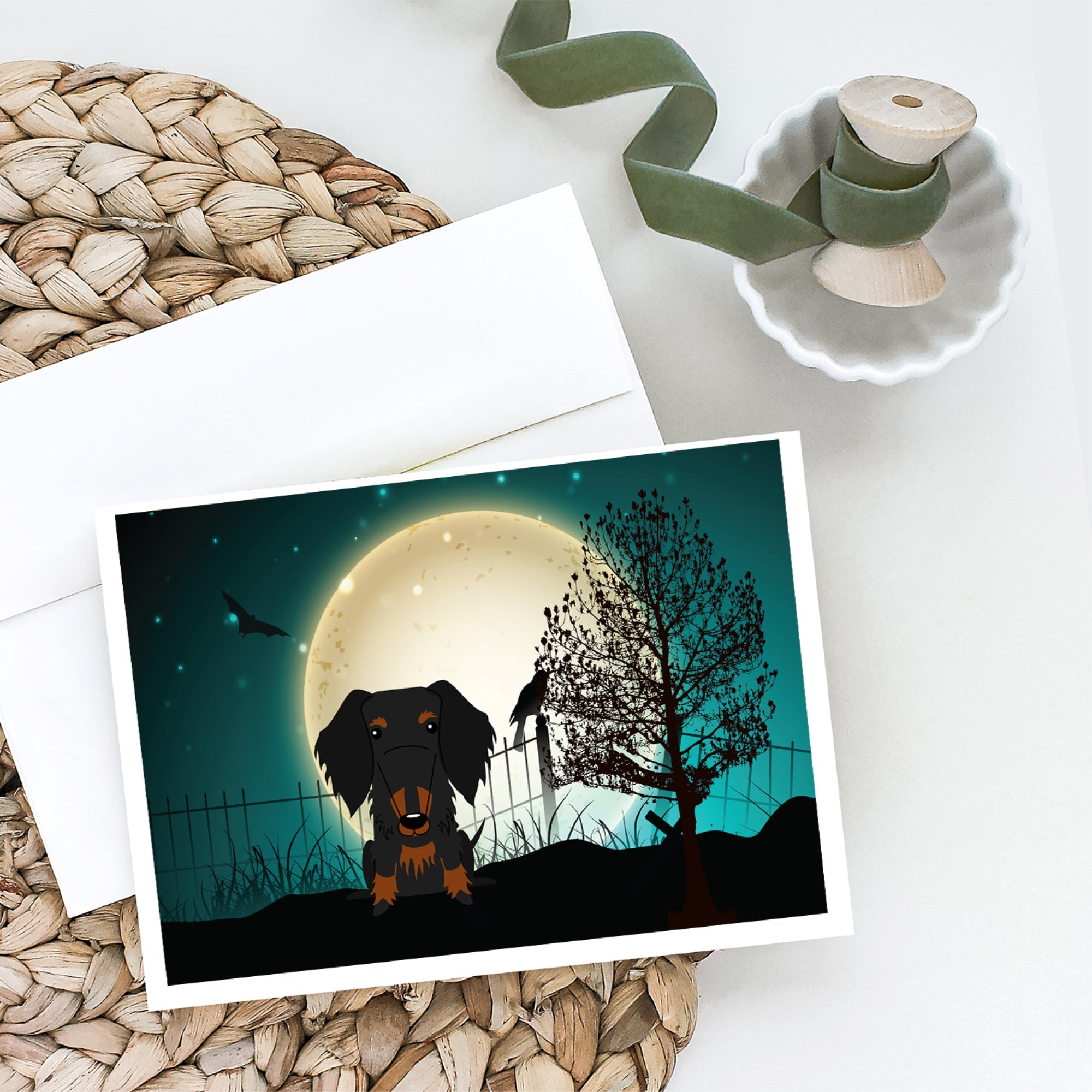 Halloween Scary Wire Haired Dachshund Black Tan Greeting Cards And Envelopes Pack Of 8