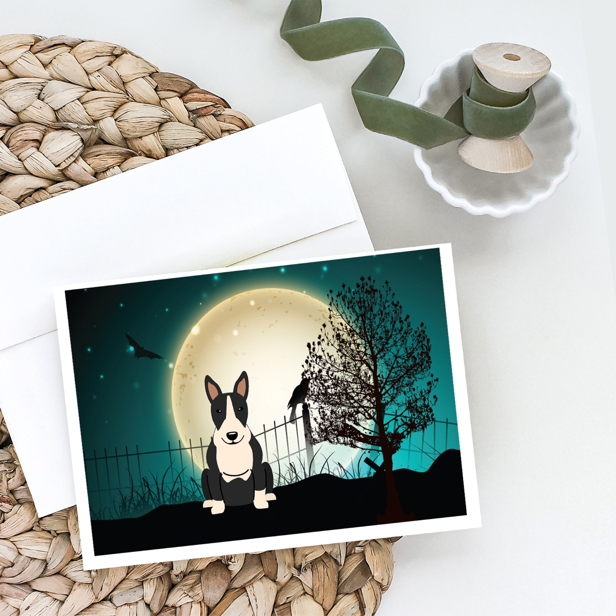 Halloween Scary Bull Terrier Black White Greeting Cards And Envelopes Pack Of 8