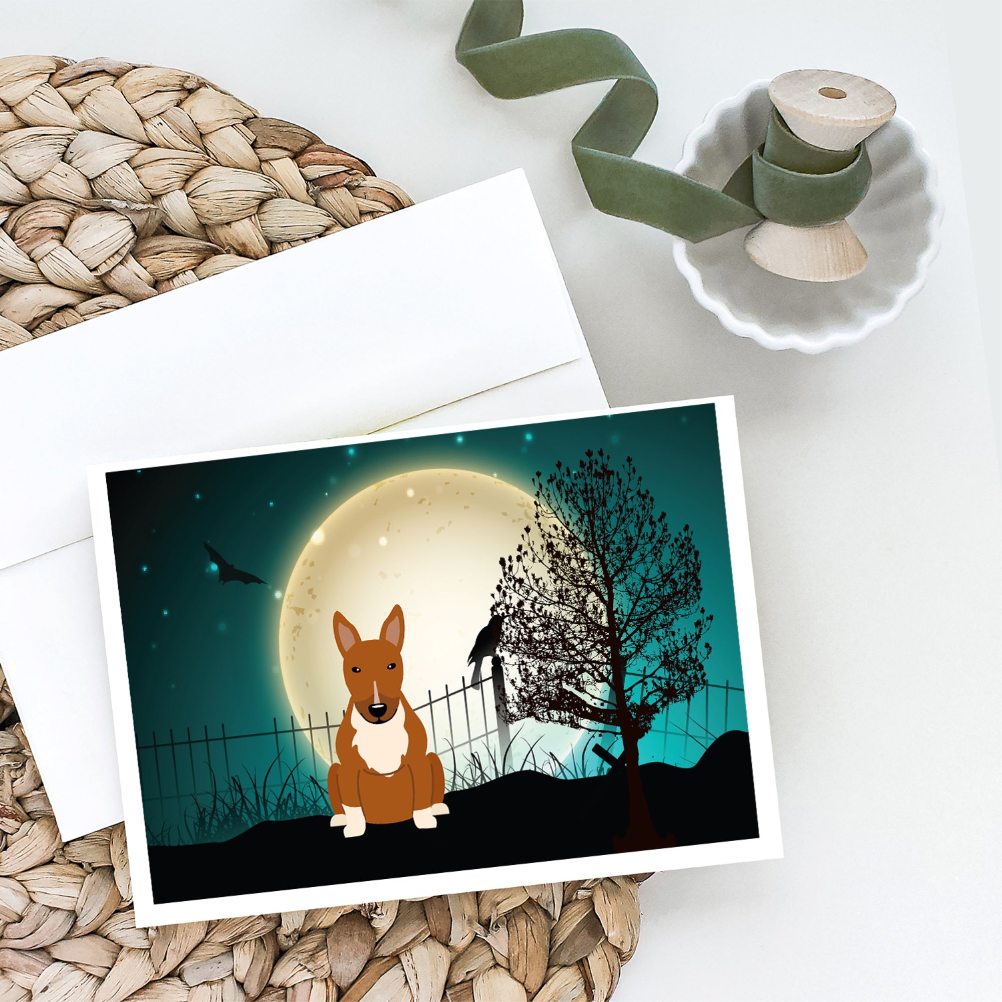 Halloween Scary Bull Terrier Red Greeting Cards And Envelopes Pack Of 8