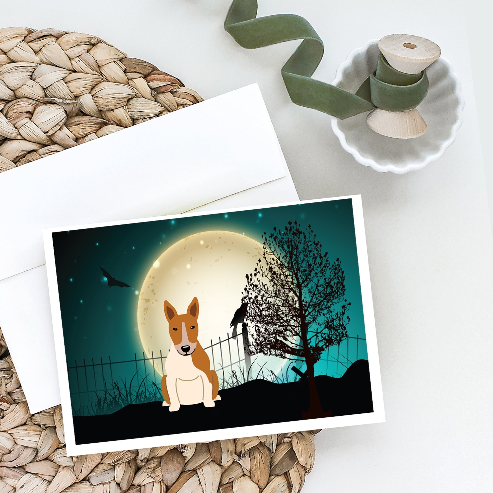 Halloween Scary Bull Terrier Red White Greeting Cards And Envelopes Pack Of 8