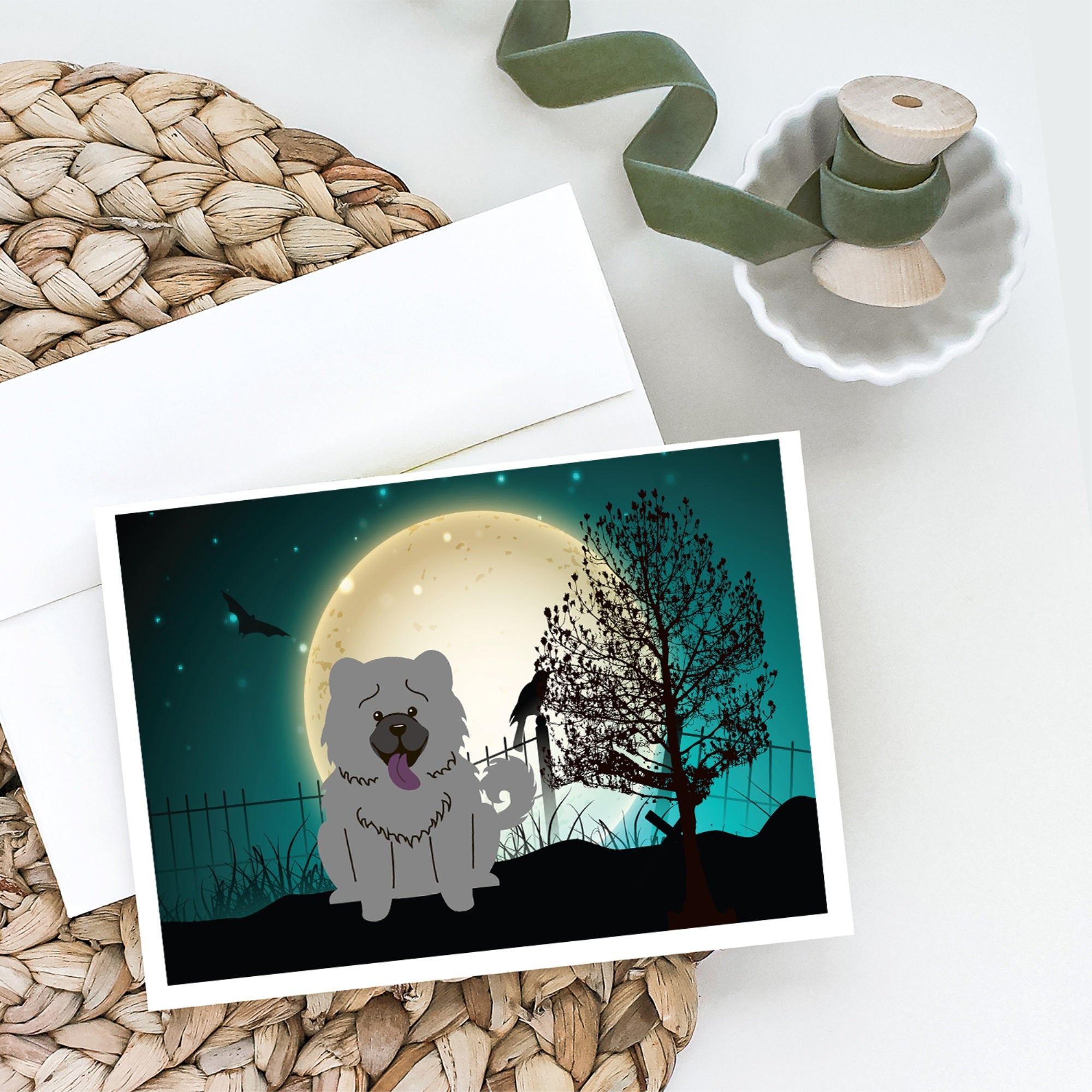Halloween Scary Chow Chow Blue Greeting Cards And Envelopes Pack Of 8
