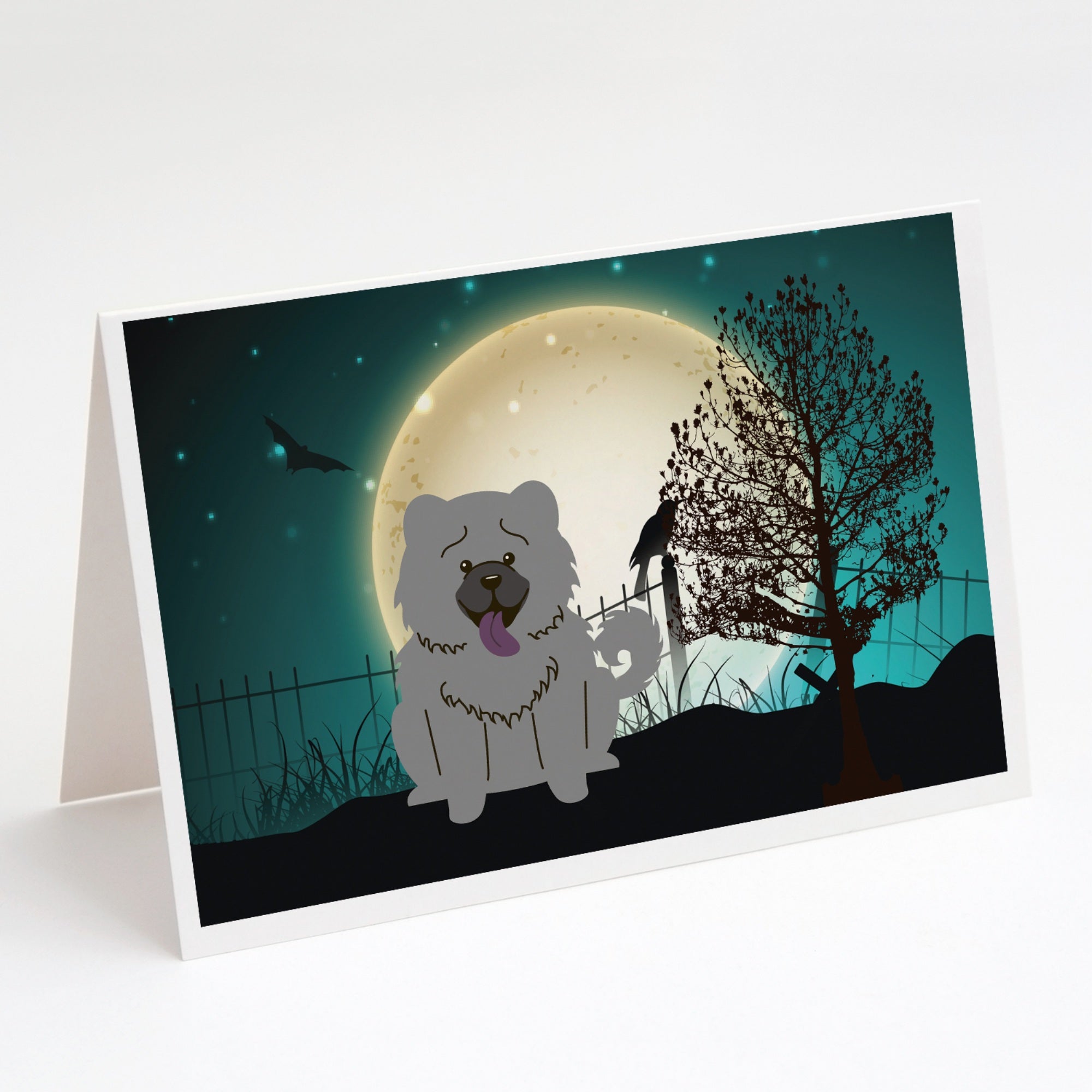 Halloween Scary Chow Chow Blue Greeting Cards And Envelopes Pack Of 8