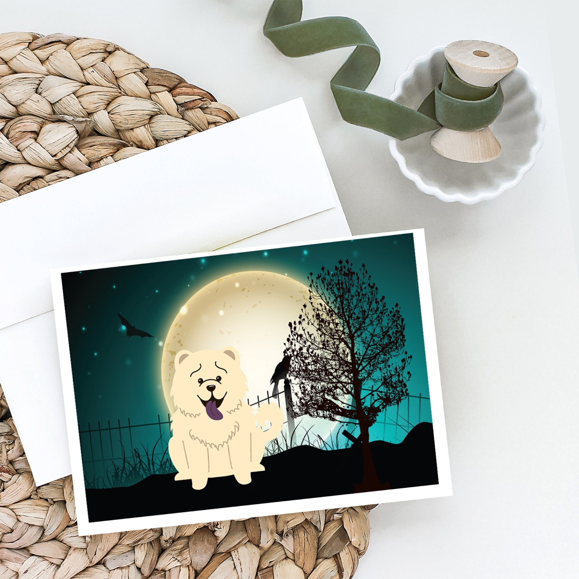 Halloween Scary Chow Chow White Greeting Cards And Envelopes Pack Of 8