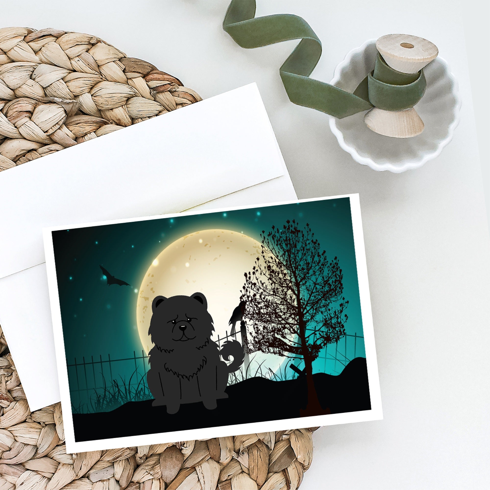 Halloween Scary Chow Chow Black Greeting Cards And Envelopes Pack Of 8