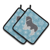 Caroline'S Treasures Bb3532Pthd Winter Snowflake Polish Lowland Sheepdog Dog Pair Of Pot Holders, 7.5H X 7.5 W, Multic