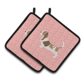 Caroline'S Treasures Basset Hound Checkerboard Pink Pair Of Pot Holders Bb3602Pthd, 7.5Hx7.5W, Multicolor