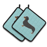 Caroline'S Treasures Dachshund Checkerboard Blue Pair Of Pot Holders Bb3682Pthd, 7.5Hx7.5W, Multicolor