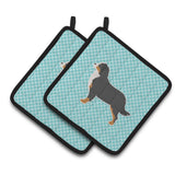 Caroline'S Treasures Bernese Mountain Dog Checkerboard Blue Pair Of Pot Holders Bb3719Pthd, 7.5Hx7.5W, Multicolor