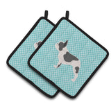 Caroline'S Treasures French Bulldog Checkerboard Blue Pair Of Pot Holders Bb3741Pthd, 7.5Hx7.5W, Multicolor