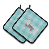 Caroline'S Treasures Chinese Crested Checkerboard Blue Pair Of Pot Holders Bb3743Pthd, 7.5Hx7.5W, Multicolor