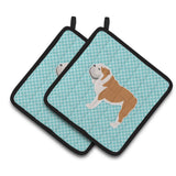 Caroline'S Treasures English Bulldog Checkerboard Blue Pair Of Pot Holders Bb3762Pthd, 7.5Hx7.5W, Multicolor
