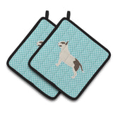 Caroline'S Treasures Bull Terrier Checkerboard Blue Pair Of Pot Holders Bb3778Pthd, 7.5Hx7.5W, Multicolor