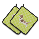 Caroline'S Treasures Basset Hound Checkerboard Green Pair Of Pot Holders Bb3802Pthd, 7.5Hx7.5W, Multicolor