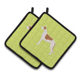 Caroline'S Treasures Greyhound Checkerboard Green Pair Of Pot Holders Bb3805Pthd, 7.5Hx7.5W, Multicolor